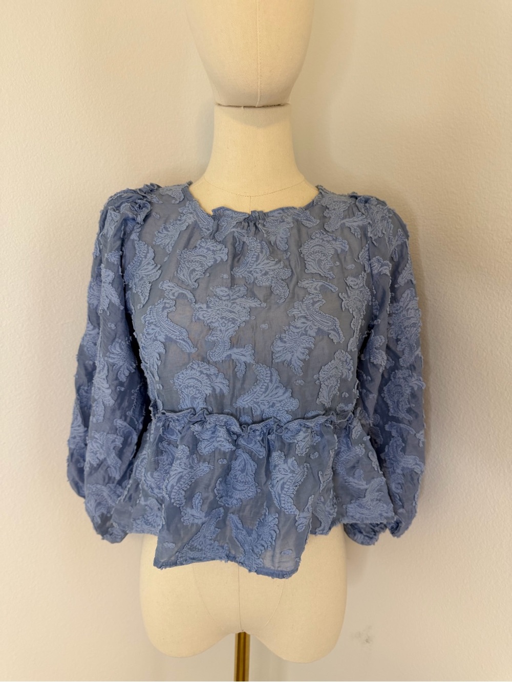 Free People Dusty Blue Textured Peplum Cropped Blouse Size XS